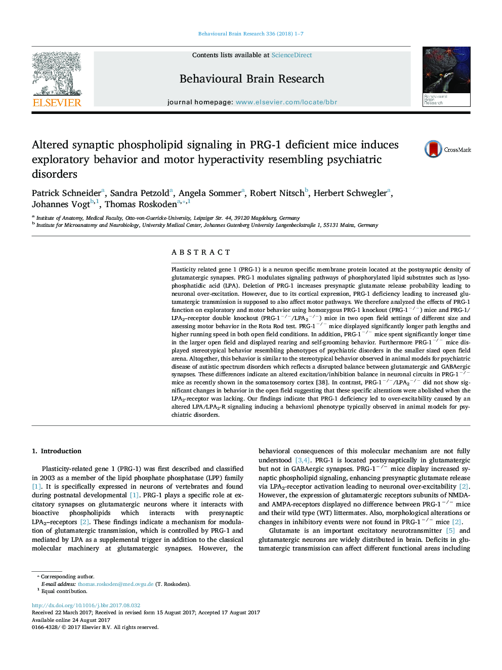 Altered synaptic phospholipid signaling in PRG-1 deficient mice induces exploratory behavior and motor hyperactivity resembling psychiatric disorders