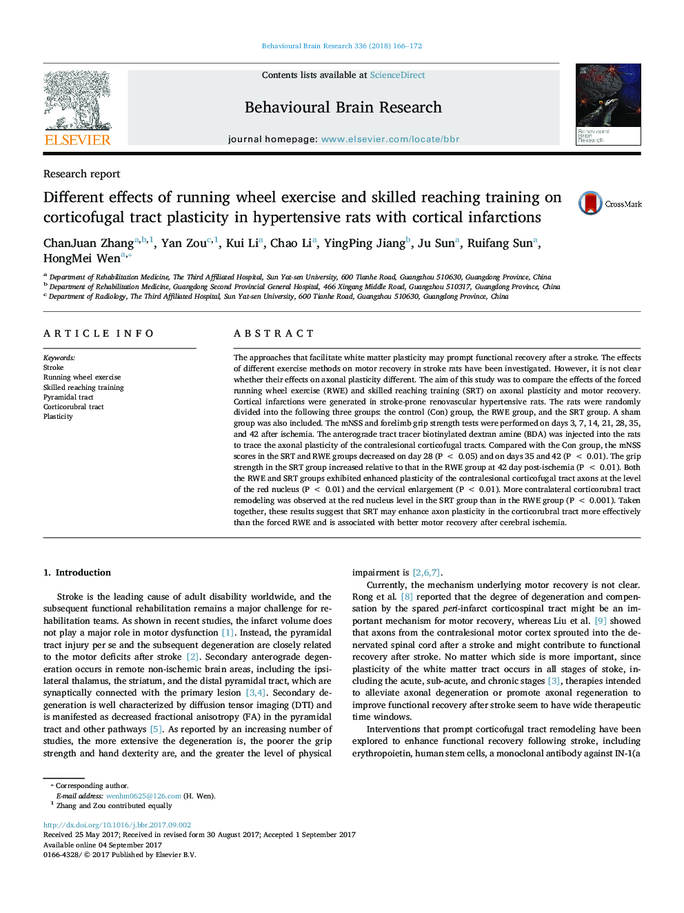 Different effects of running wheel exercise and skilled reaching training on corticofugal tract plasticity in hypertensive rats with cortical infarctions