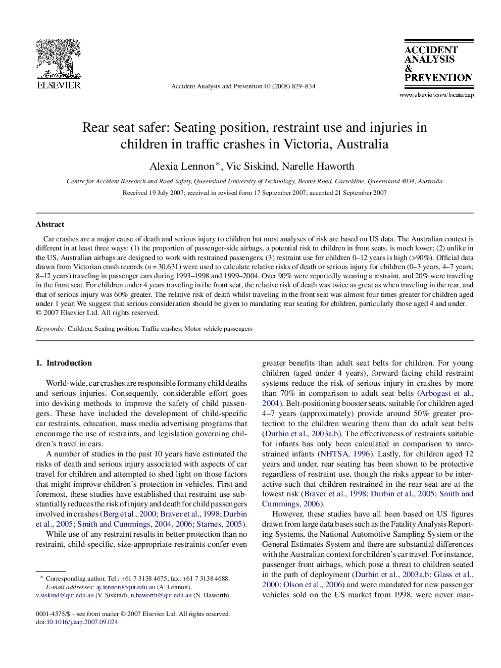 Rear seat safer: Seating position, restraint use and injuries in children in traffic crashes in Victoria, Australia