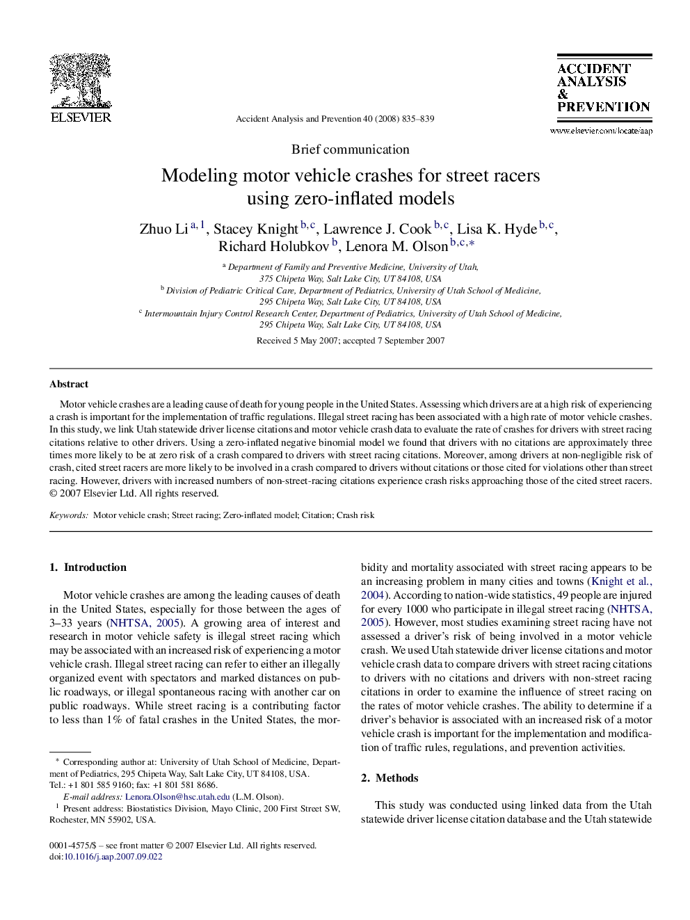 Modeling motor vehicle crashes for street racers using zero-inflated models