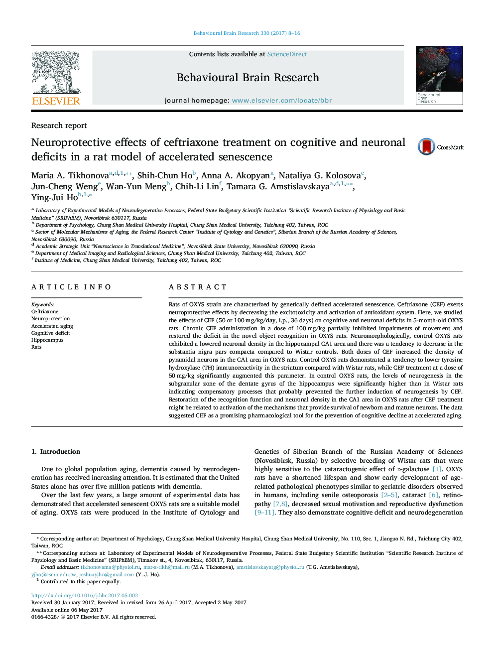 Neuroprotective effects of ceftriaxone treatment on cognitive and neuronal deficits in a rat model of accelerated senescence