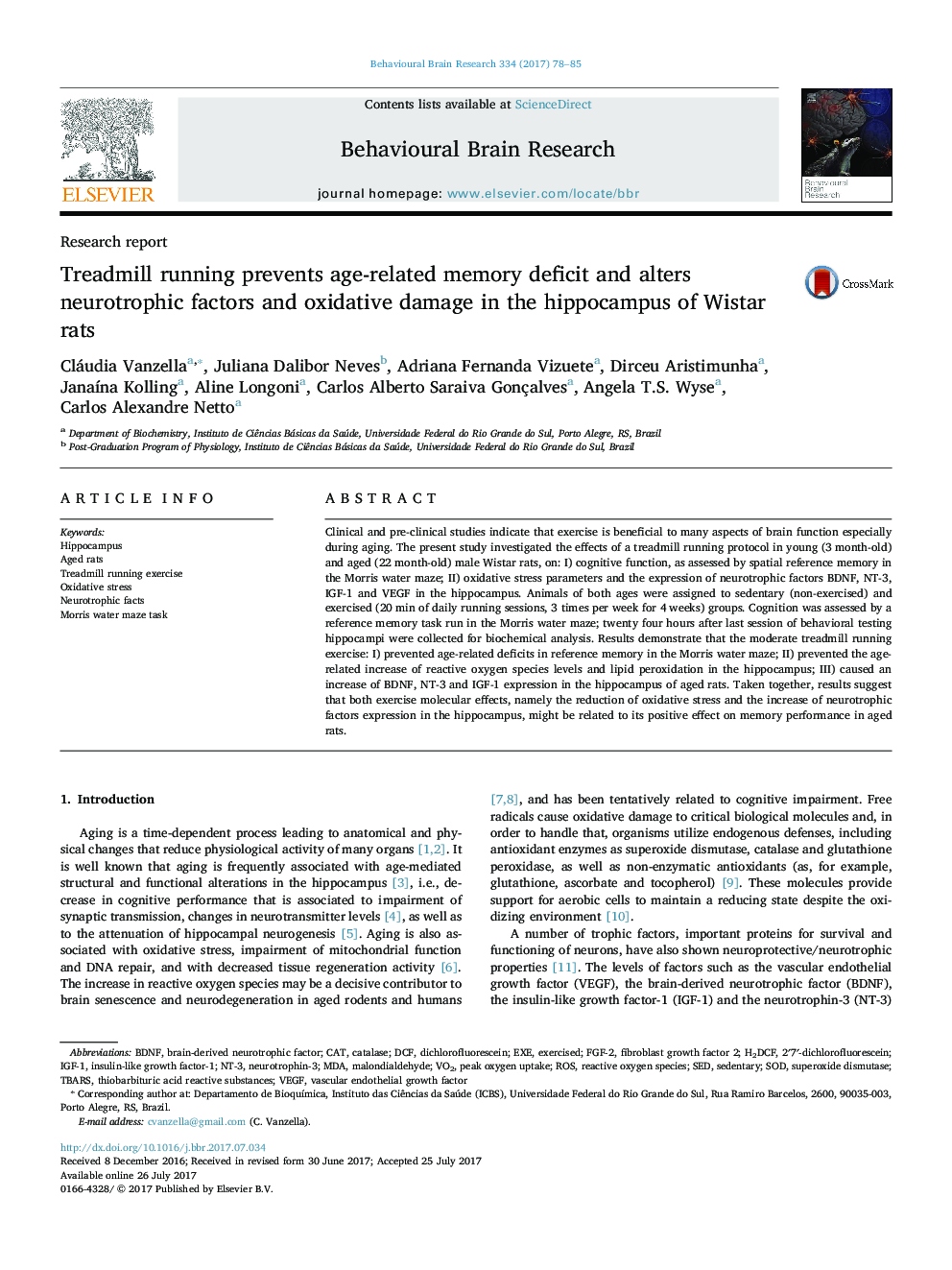 Treadmill running prevents age-related memory deficit and alters neurotrophic factors and oxidative damage in the hippocampus of Wistar rats