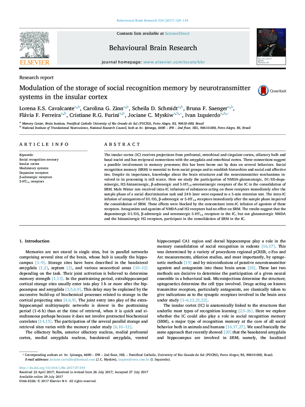 Research reportModulation of the storage of social recognition memory by neurotransmitter systems in the insular cortex