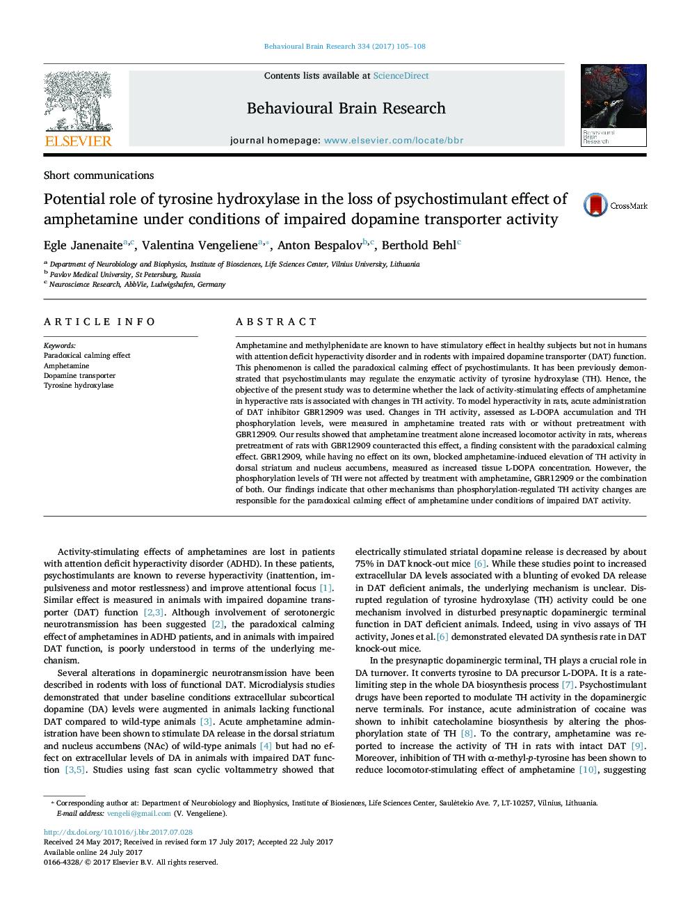 Short communicationsPotential role of tyrosine hydroxylase in the loss of psychostimulant effect of amphetamine under conditions of impaired dopamine transporter activity