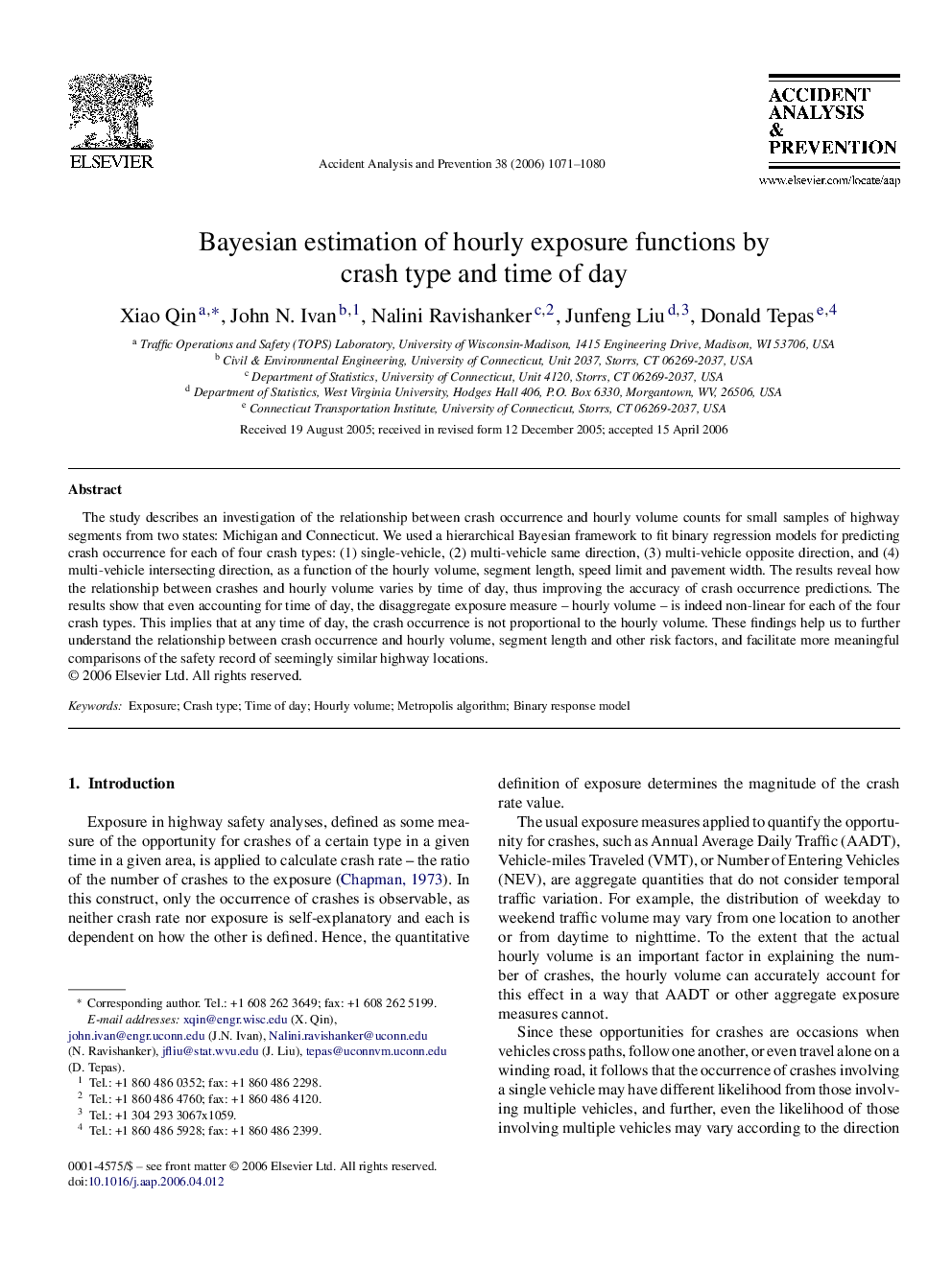 Bayesian estimation of hourly exposure functions by crash type and time of day