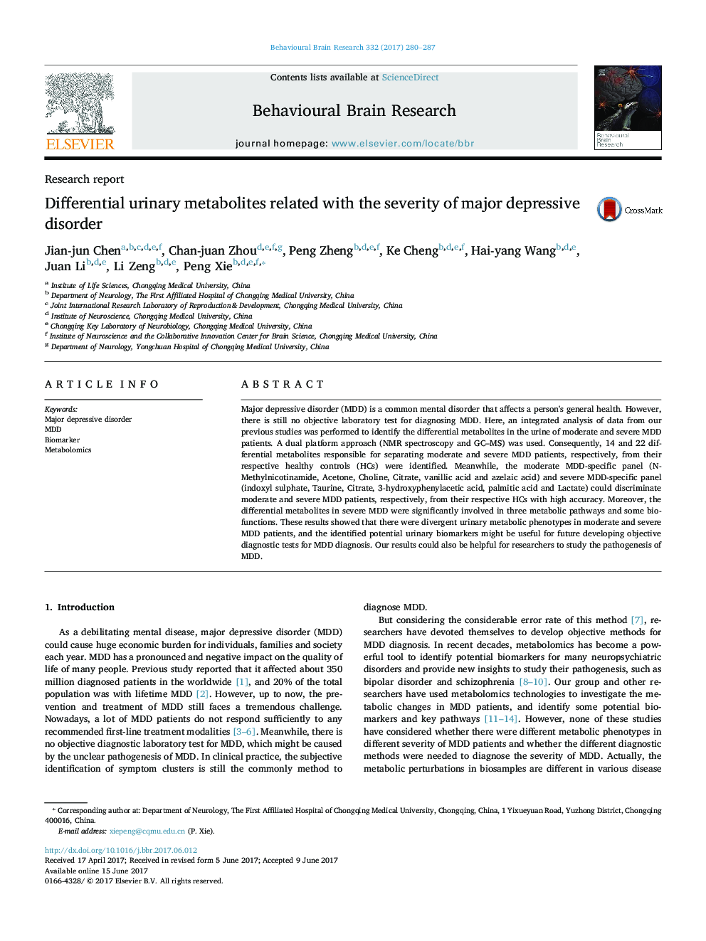 Research reportDifferential urinary metabolites related with the severity of major depressive disorder