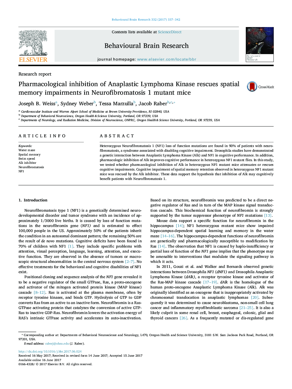 Pharmacological inhibition of Anaplastic Lymphoma Kinase rescues spatial memory impairments in Neurofibromatosis 1 mutant mice