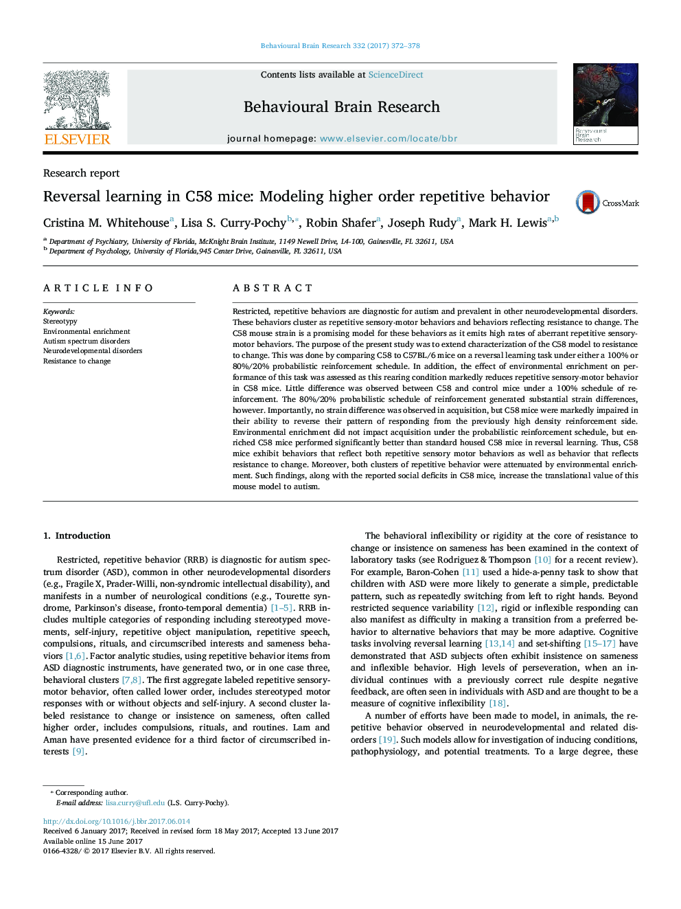 Reversal learning in C58 mice: Modeling higher order repetitive behavior