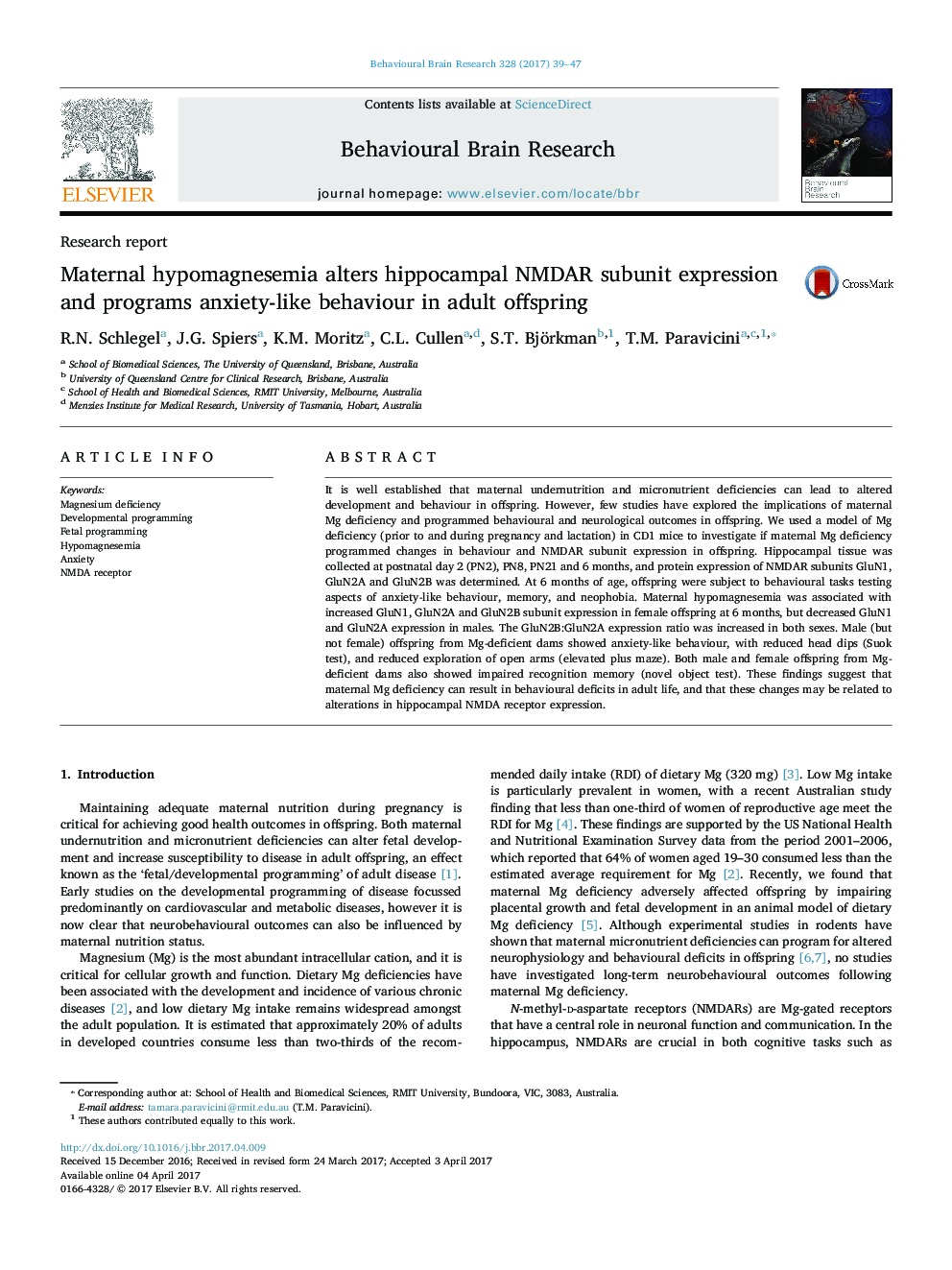 Maternal hypomagnesemia alters hippocampal NMDAR subunit expression and programs anxiety-like behaviour in adult offspring