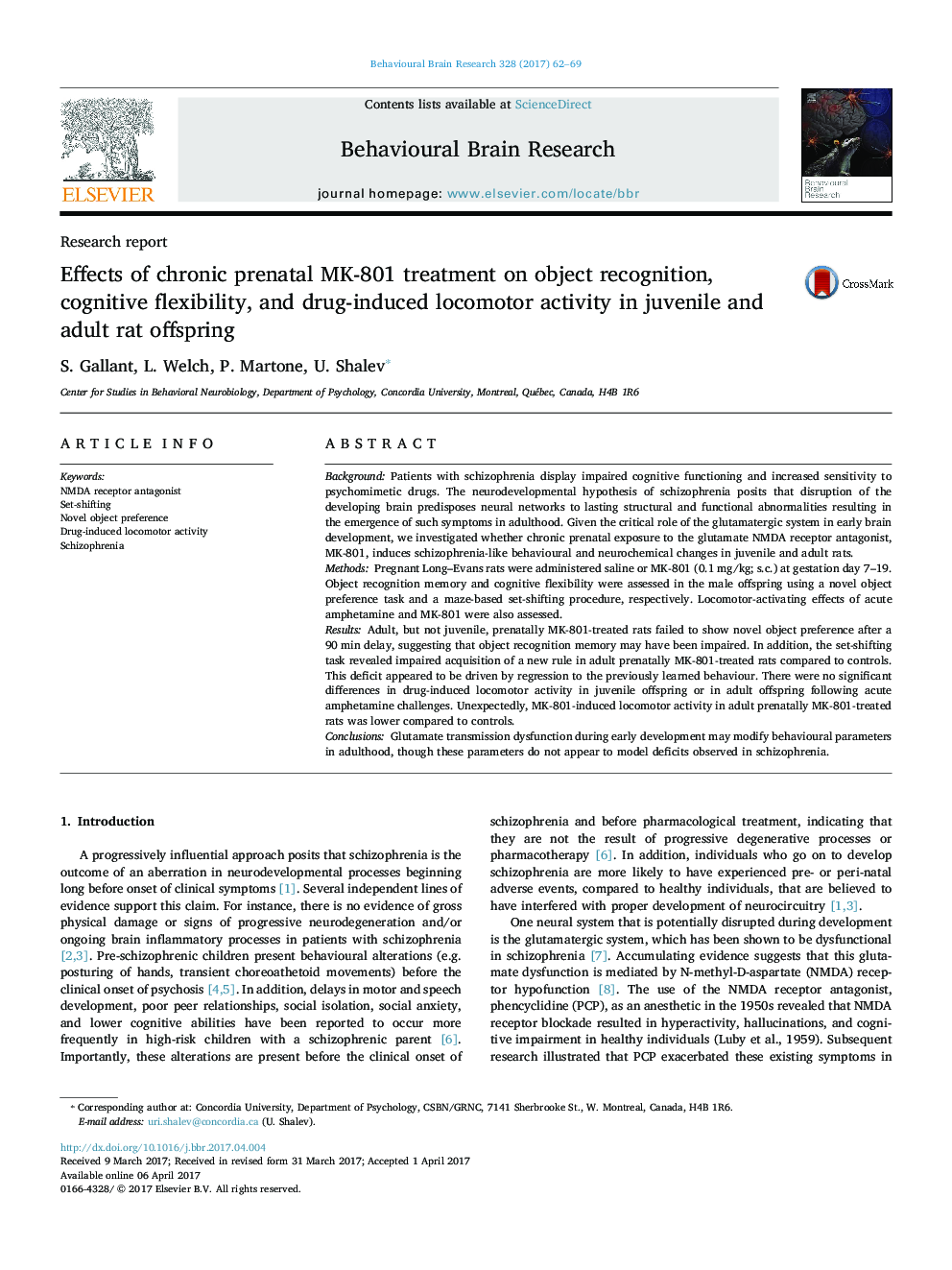 Effects of chronic prenatal MK-801 treatment on object recognition, cognitive flexibility, and drug-induced locomotor activity in juvenile and adult rat offspring