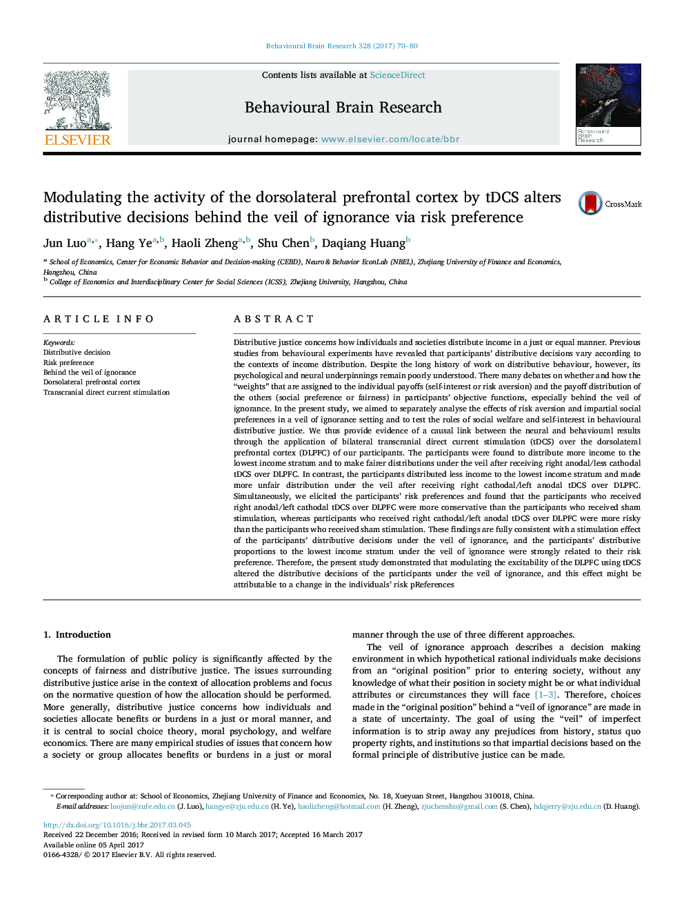 Modulating the activity of the dorsolateral prefrontal cortex by tDCS alters distributive decisions behind the veil of ignorance via risk preference