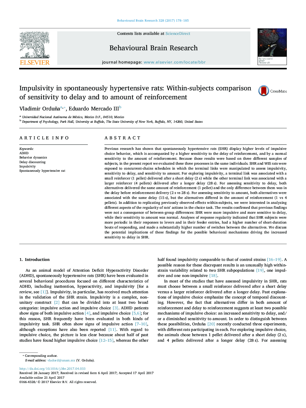 Impulsivity in spontaneously hypertensive rats: Within-subjects comparison of sensitivity to delay and to amount of reinforcement