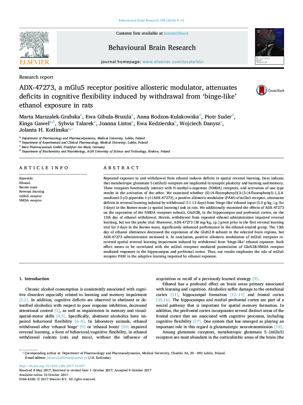 ADX-47273, a mGlu5 receptor positive allosteric modulator, attenuates deficits in cognitive flexibility induced by withdrawal from 'binge-like' ethanol exposure in rats