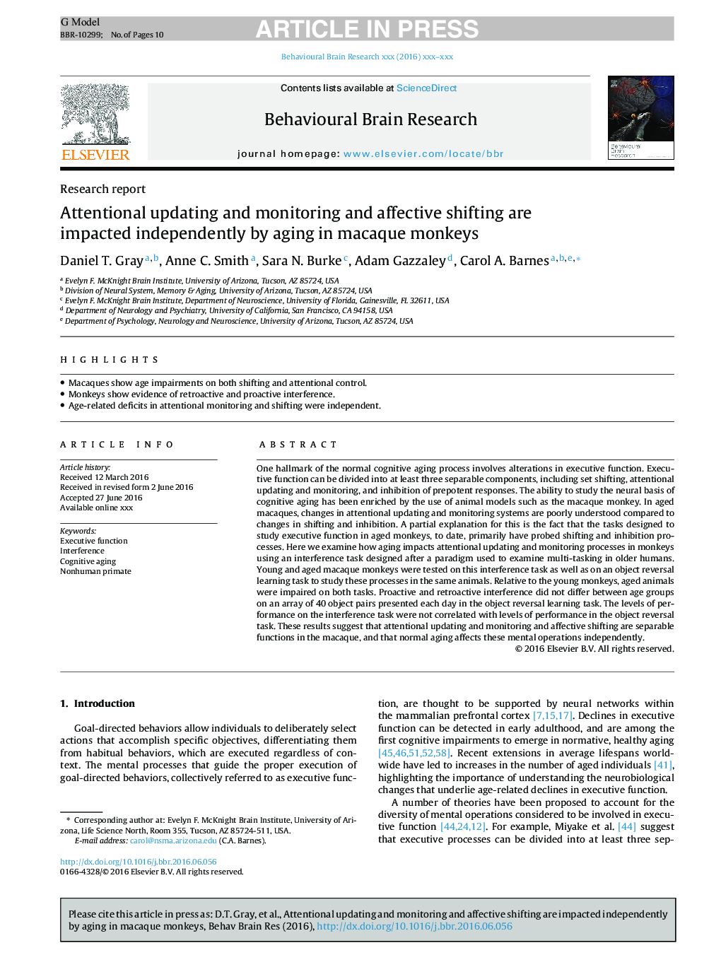 Attentional updating and monitoring and affective shifting are impacted independently by aging in macaque monkeys