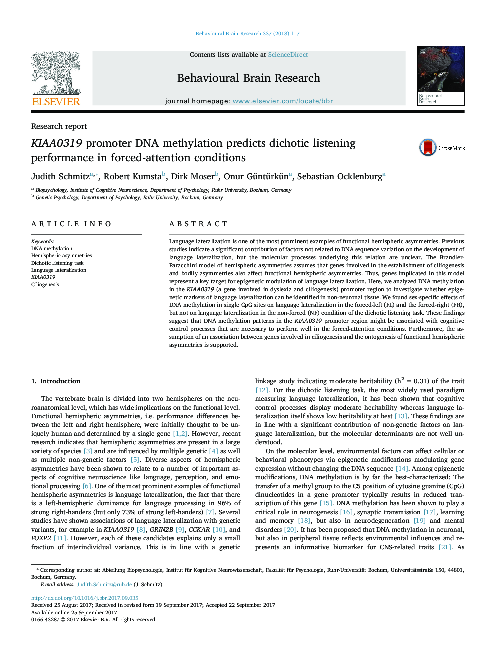 Research reportKIAA0319 promoter DNA methylation predicts dichotic listening performance in forced-attention conditions