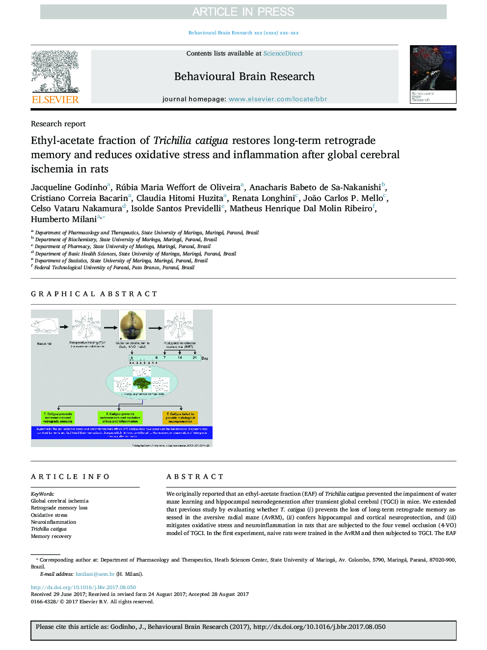 Ethyl-acetate fraction of Trichilia catigua restores long-term retrograde memory and reduces oxidative stress and inflammation after global cerebral ischemia in rats