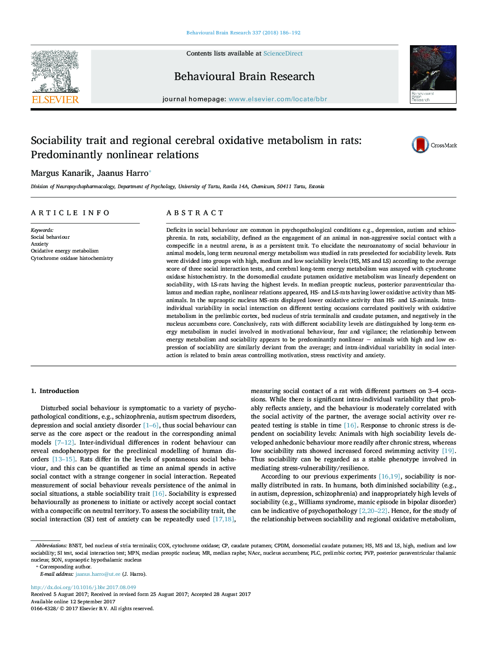 صفات اجتماعی بودن و متابولیسم اکسیداتیو مغزی منطقه در موش صحرایی: روابط غالب غیر خطی