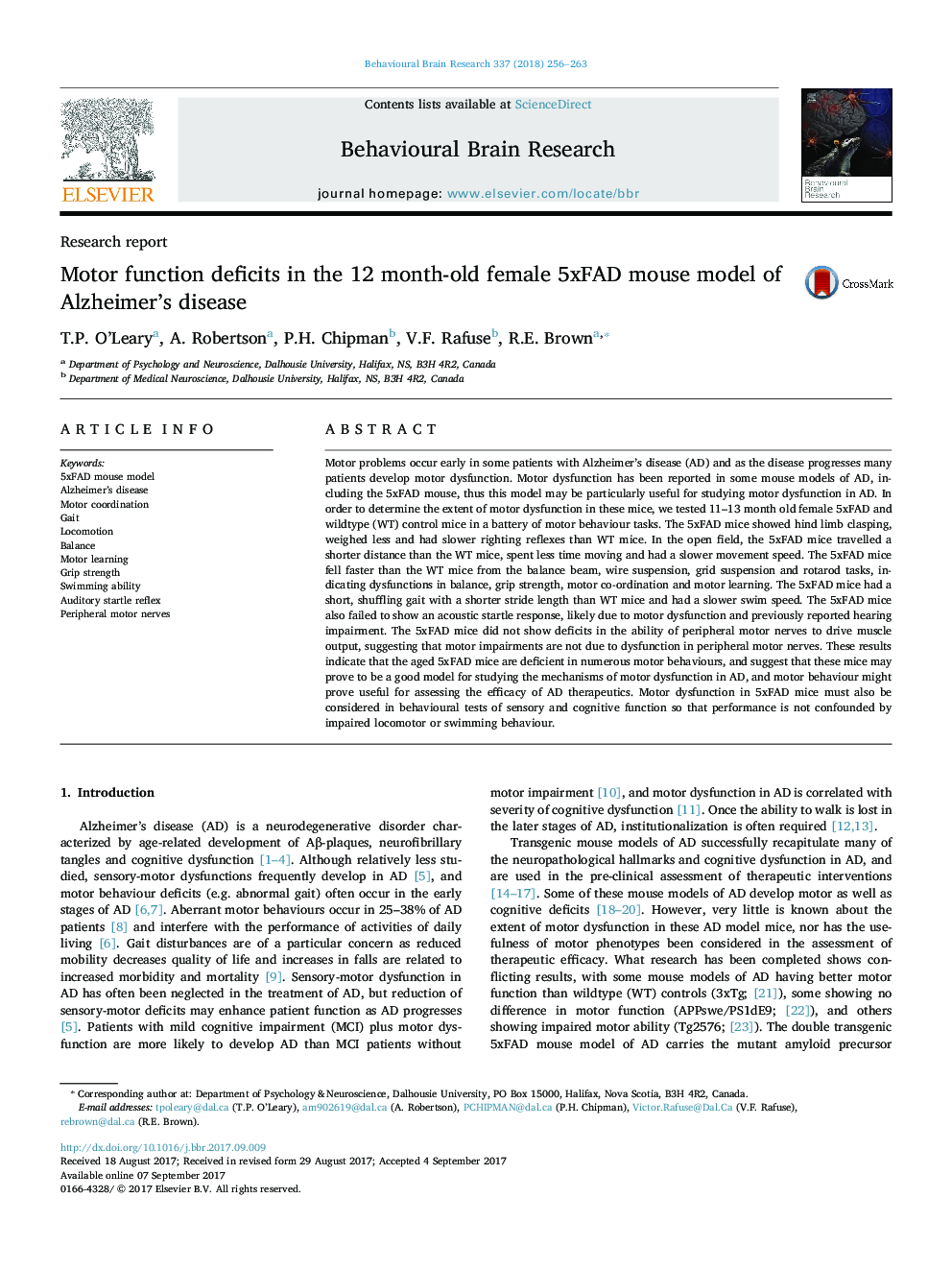 Research reportMotor function deficits in the 12 month-old female 5xFAD mouse model of Alzheimer's disease