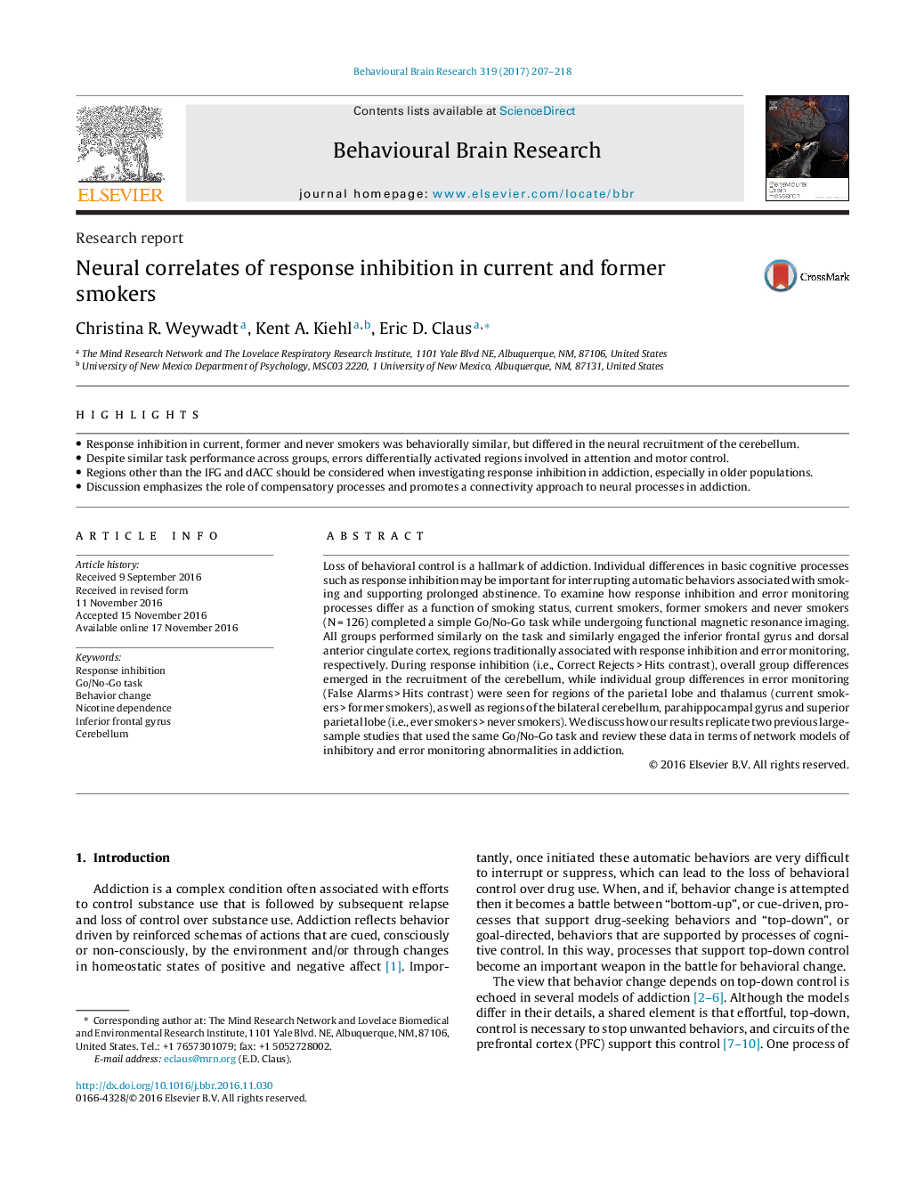 Research reportNeural correlates of response inhibition in current and former smokers