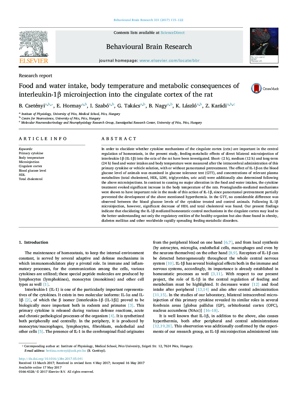 Research reportFood and water intake, body temperature and metabolic consequences of interleukin-1Î² microinjection into the cingulate cortex of the rat