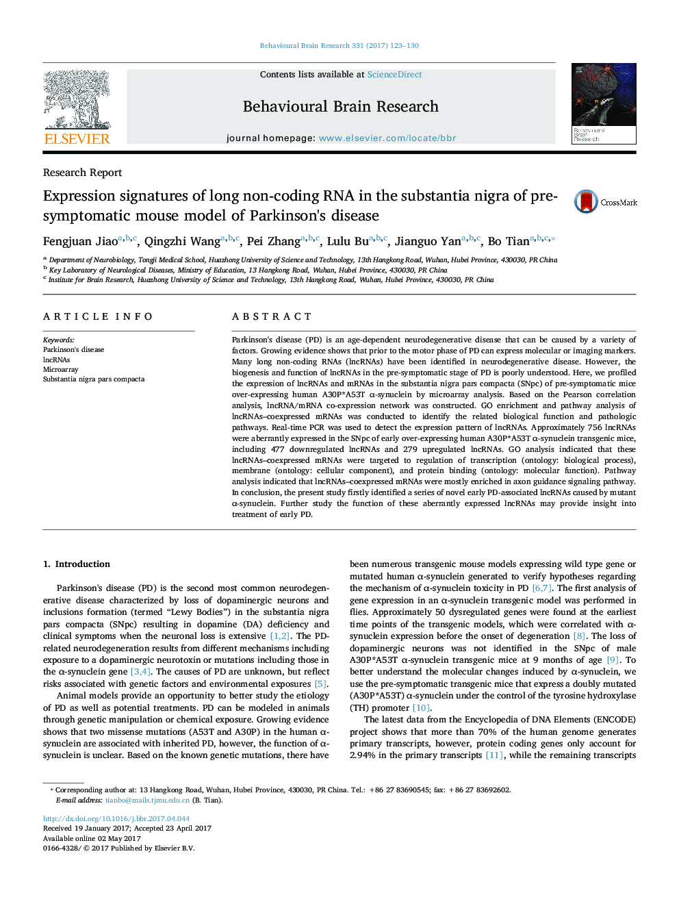 Research ReportExpression signatures of long non-coding RNA in the substantia nigra of pre-symptomatic mouse model of Parkinson's disease