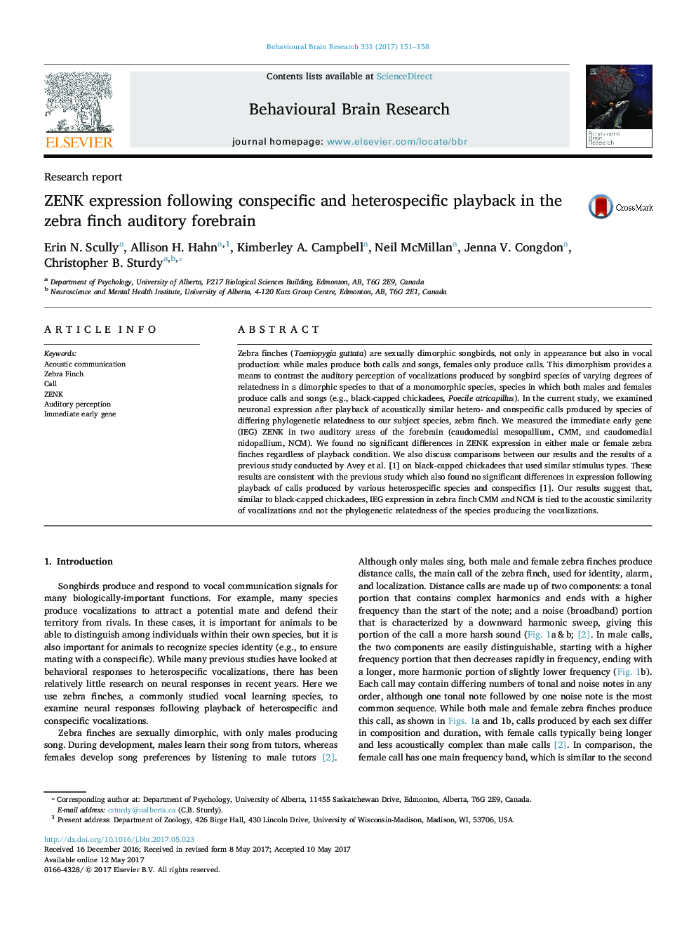 Research reportZENK expression following conspecific and heterospecific playback in the zebra finch auditory forebrain