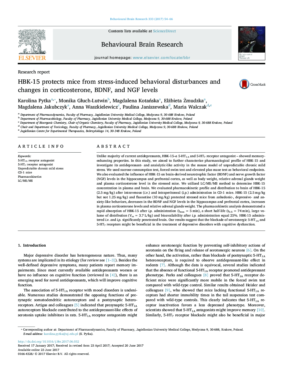 Research reportHBK-15 protects mice from stress-induced behavioral disturbances and changes in corticosterone, BDNF, and NGF levels