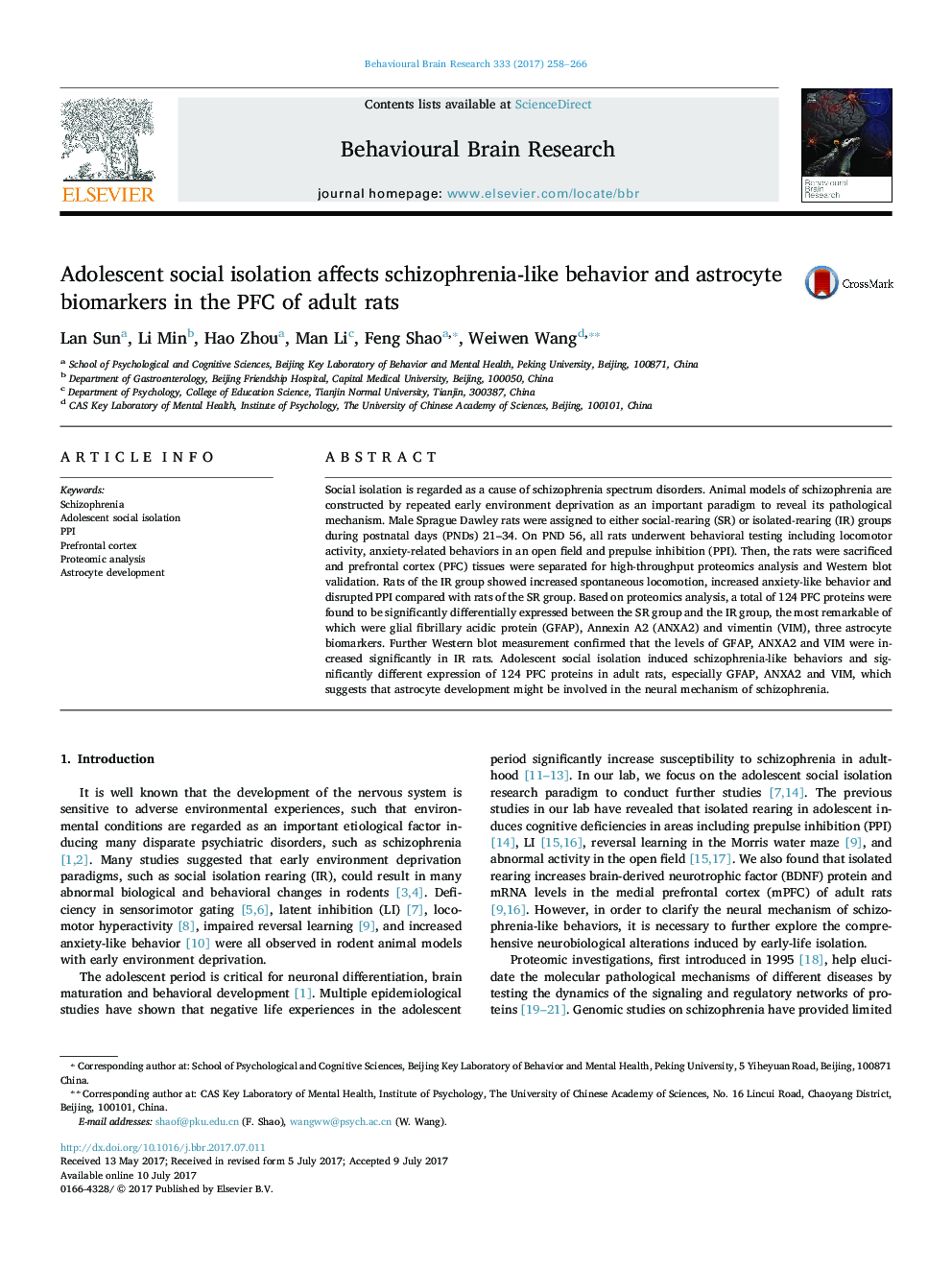 Adolescent social isolation affects schizophrenia-like behavior and astrocyte biomarkers in the PFC of adult rats