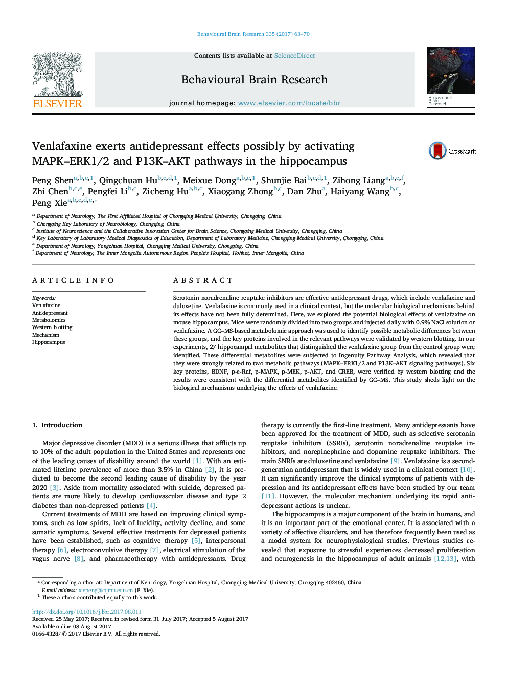 Venlafaxine exerts antidepressant effects possibly by activating MAPK-ERK1/2 and P13K-AKT pathways in the hippocampus