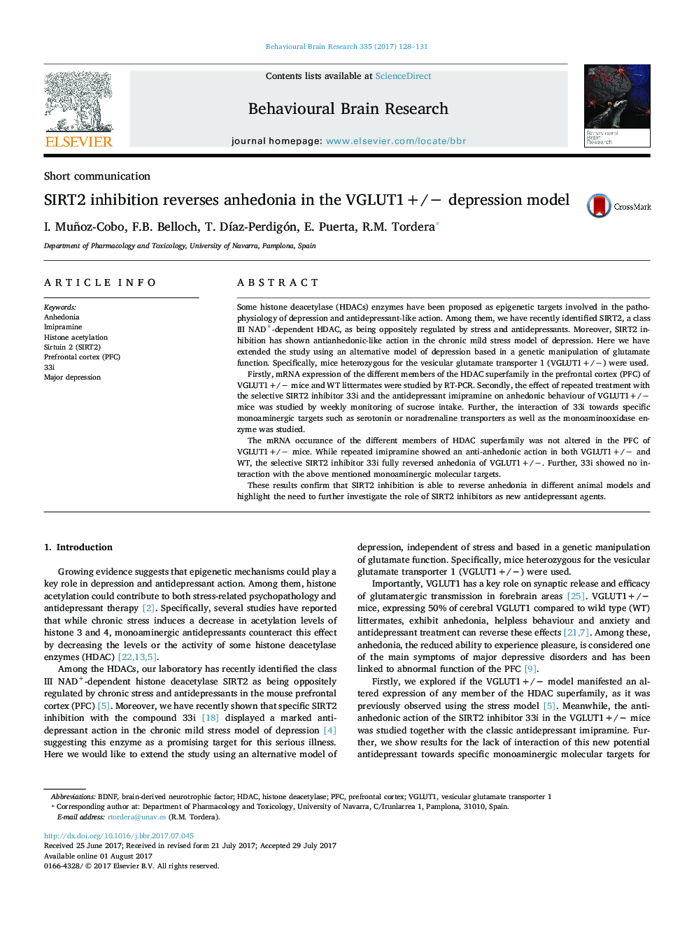 Short communicationSIRT2 inhibition reverses anhedonia in the VGLUT1+/â depression model