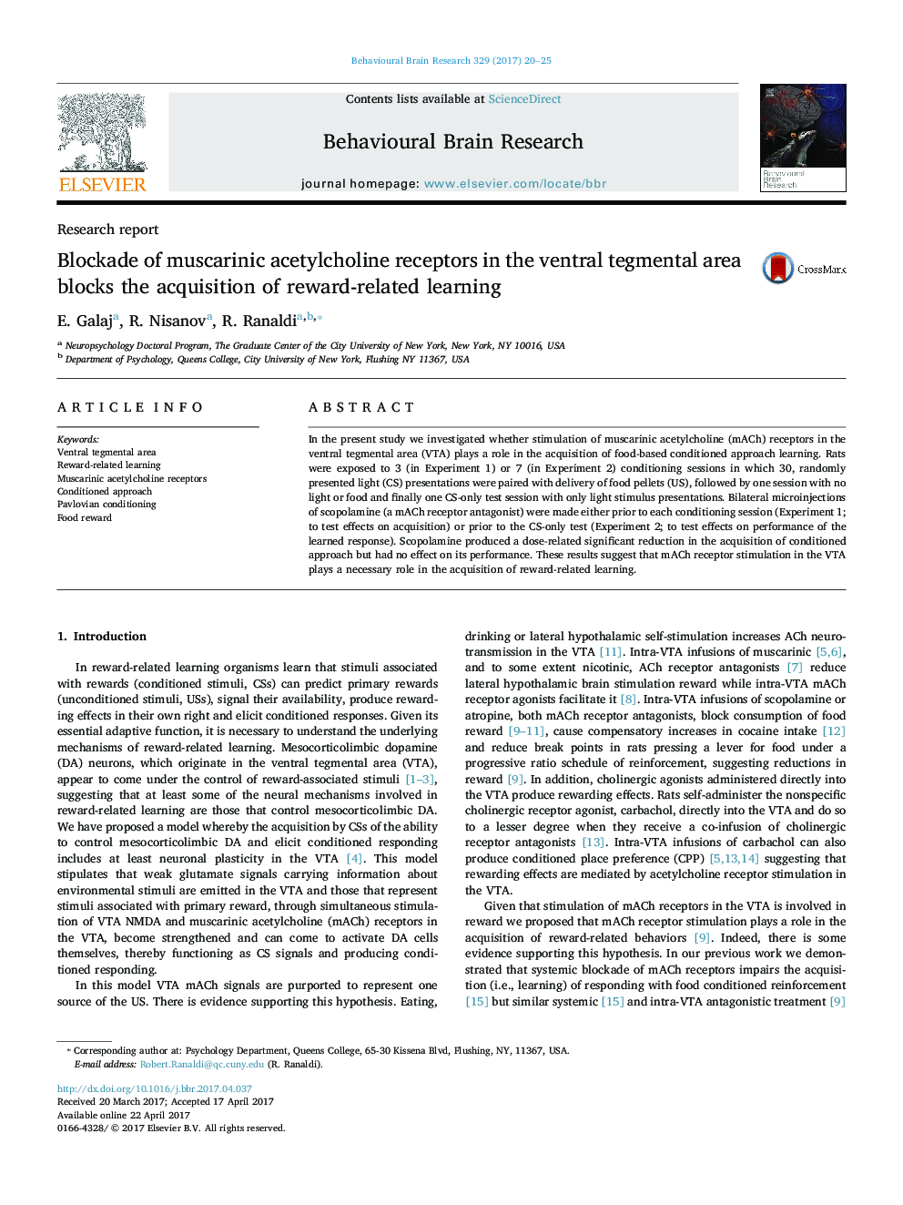 Blockade of muscarinic acetylcholine receptors in the ventral tegmental area blocks the acquisition of reward-related learning