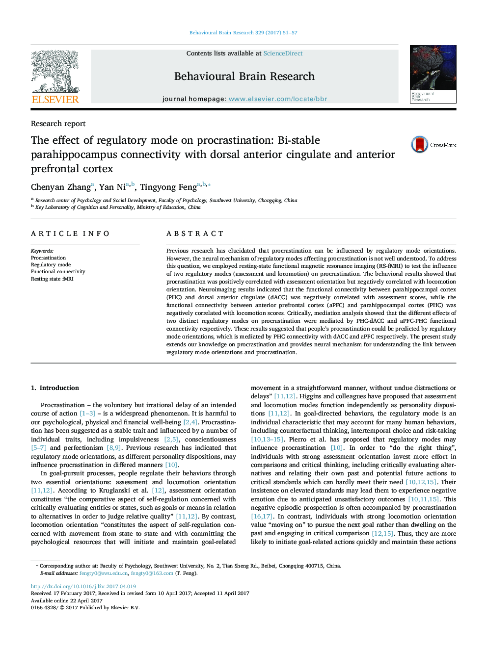 The effect of regulatory mode on procrastination: Bi-stable parahippocampus connectivity with dorsal anterior cingulate and anterior prefrontal cortex