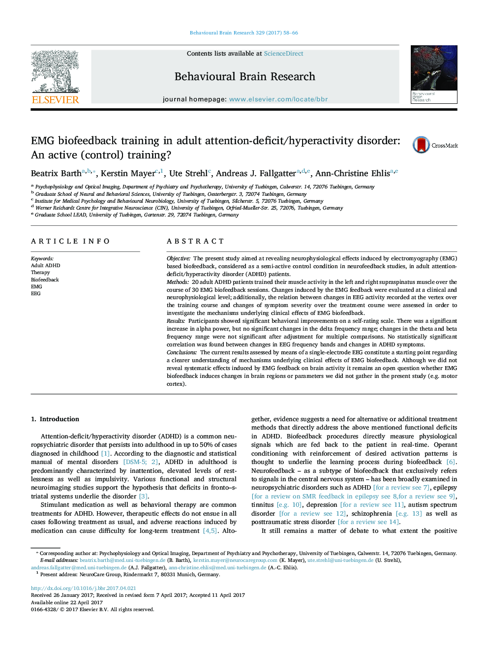 EMG biofeedback training in adult attention-deficit/hyperactivity disorder: An active (control) training?