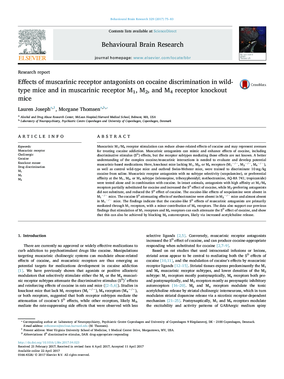 Effects of muscarinic receptor antagonists on cocaine discrimination in wild-type mice and in muscarinic receptor M1, M2, and M4 receptor knockout mice