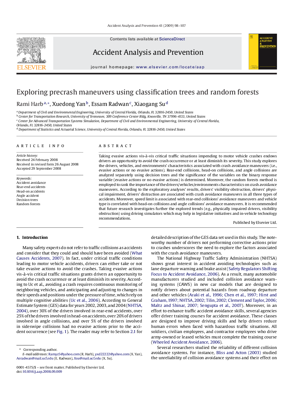 Exploring precrash maneuvers using classification trees and random forests