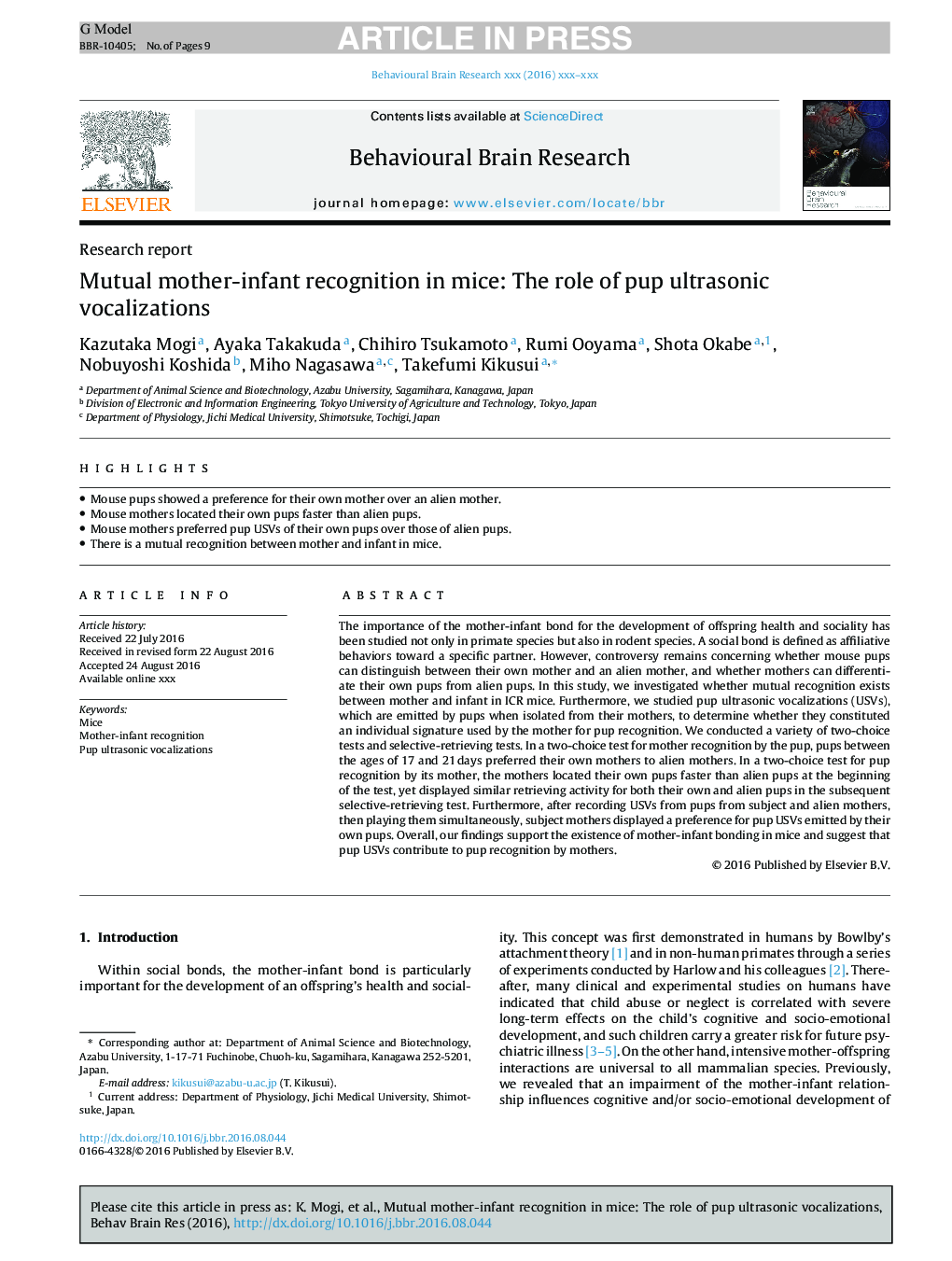 Mutual mother-infant recognition in mice: The role of pup ultrasonic vocalizations