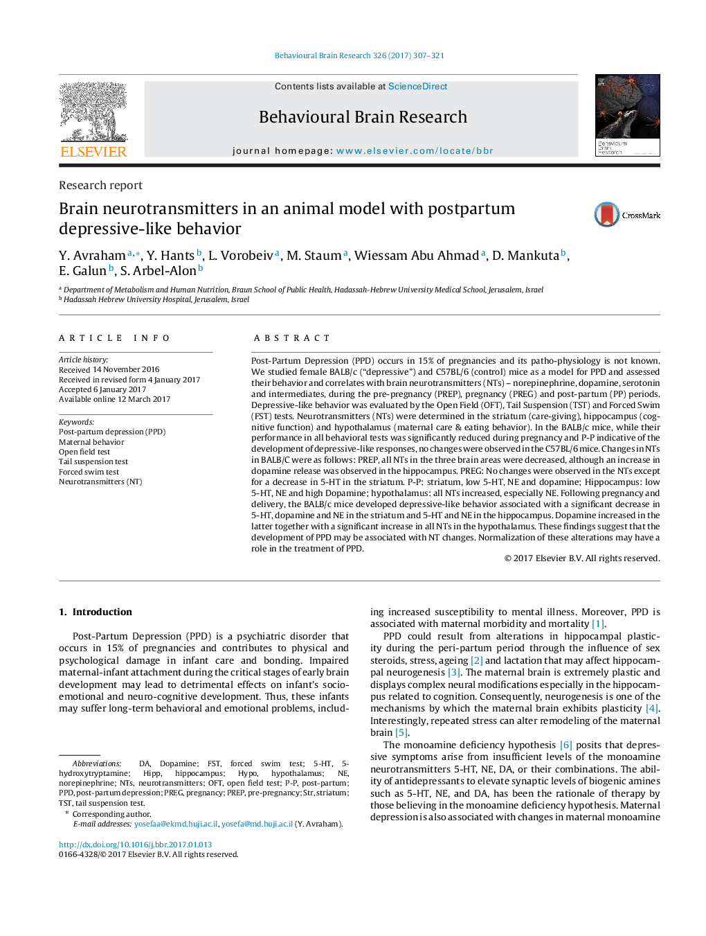 Research reportBrain neurotransmitters in an animal model with postpartum depressive-like behavior