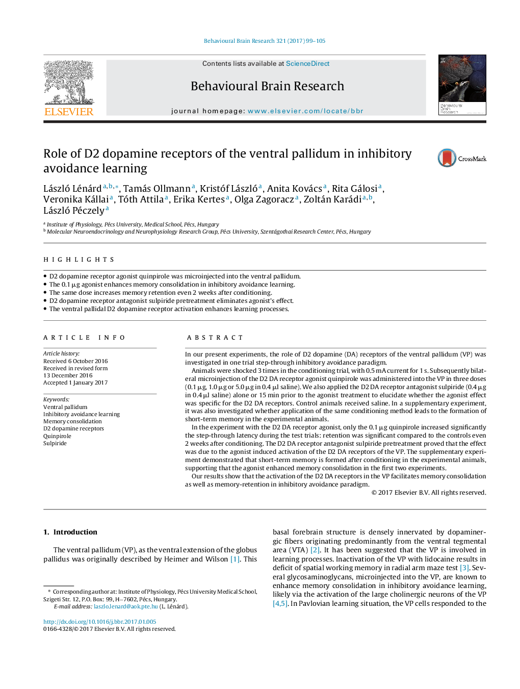 Role of D2 dopamine receptors of the ventral pallidum in inhibitory avoidance learning