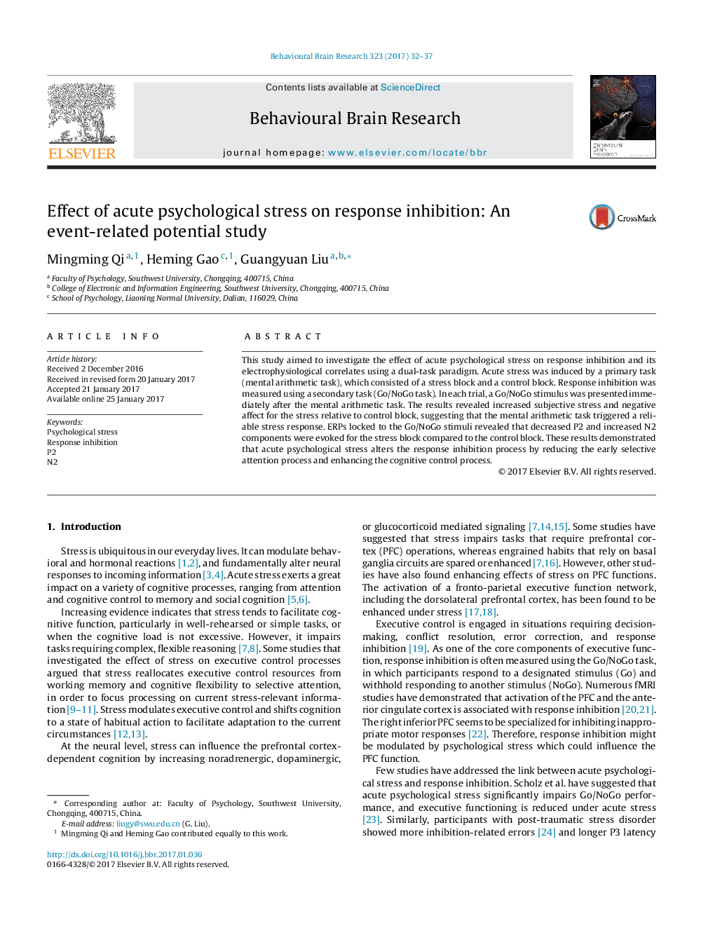 Effect of acute psychological stress on response inhibition: An event-related potential study