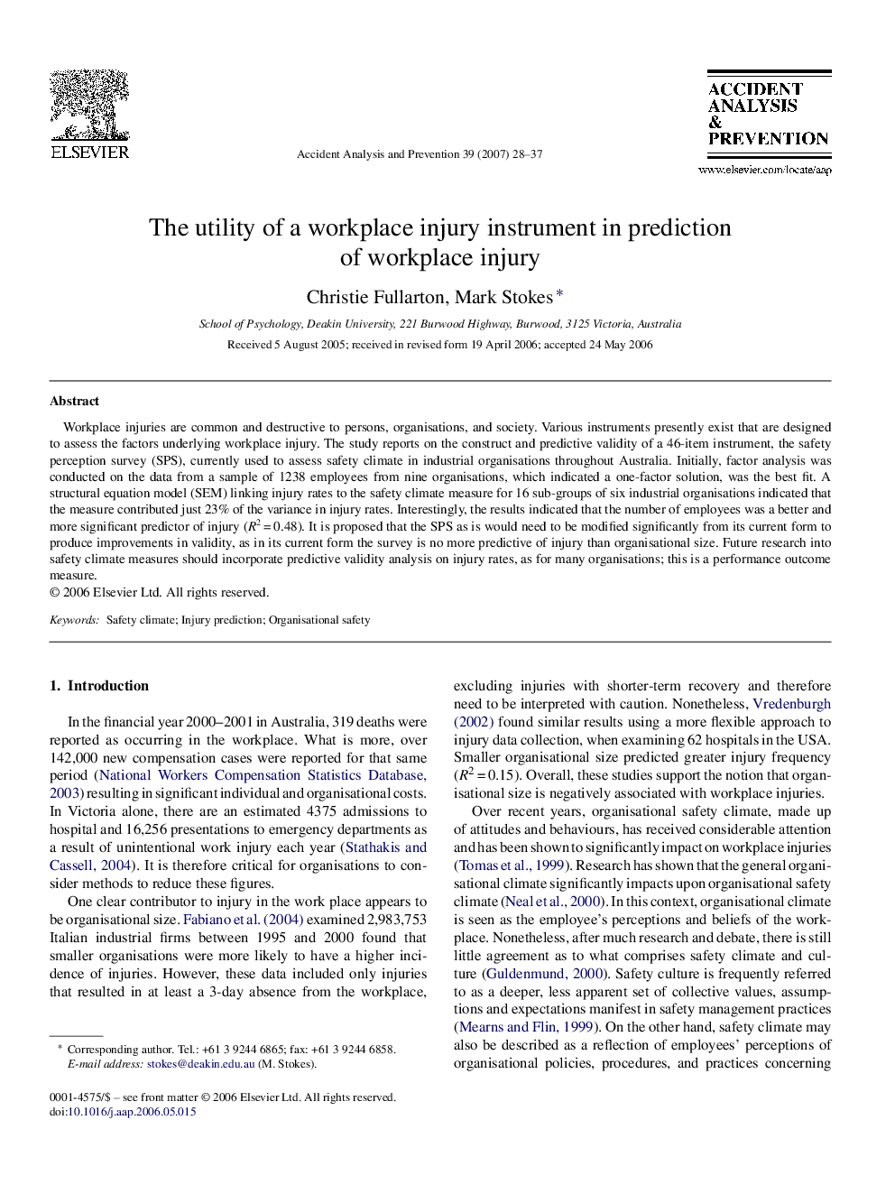 The utility of a workplace injury instrument in prediction of workplace injury