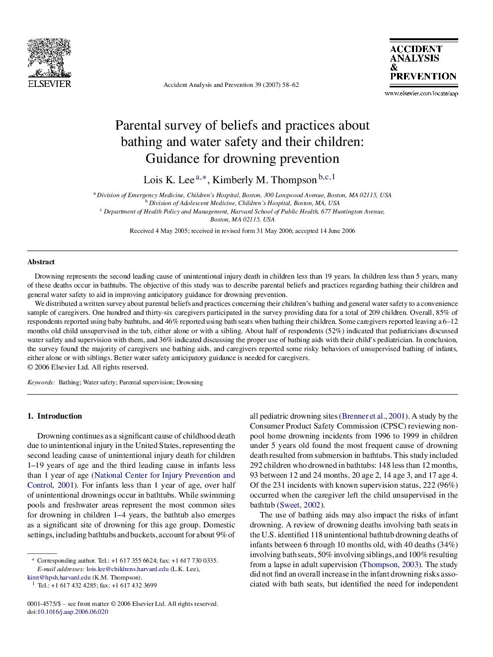 Parental survey of beliefs and practices about bathing and water safety and their children: Guidance for drowning prevention