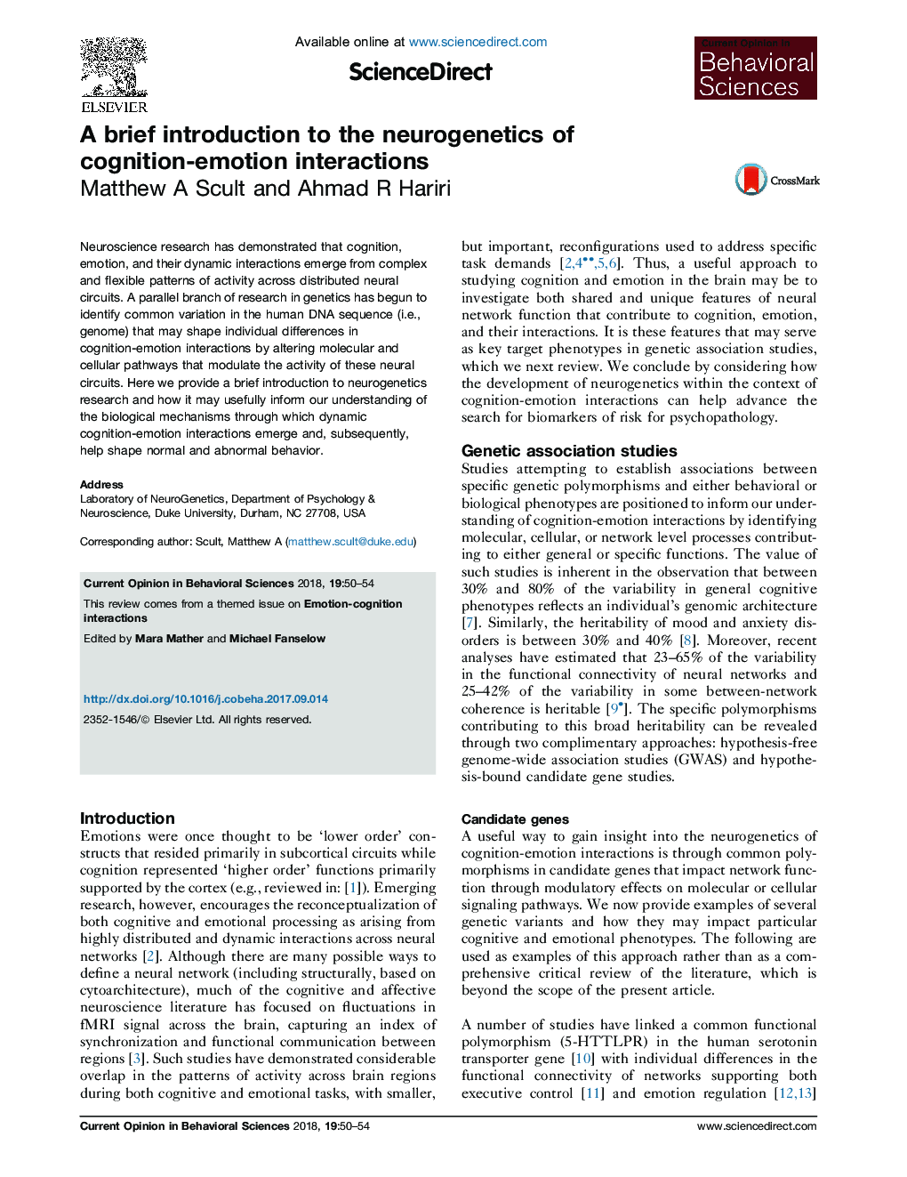 A brief introduction to the neurogenetics of cognition-emotion interactions