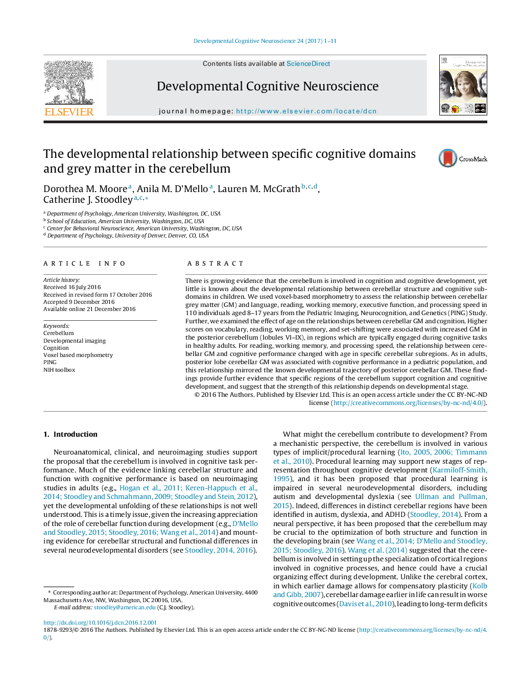 The developmental relationship between specific cognitive domains and grey matter in the cerebellum