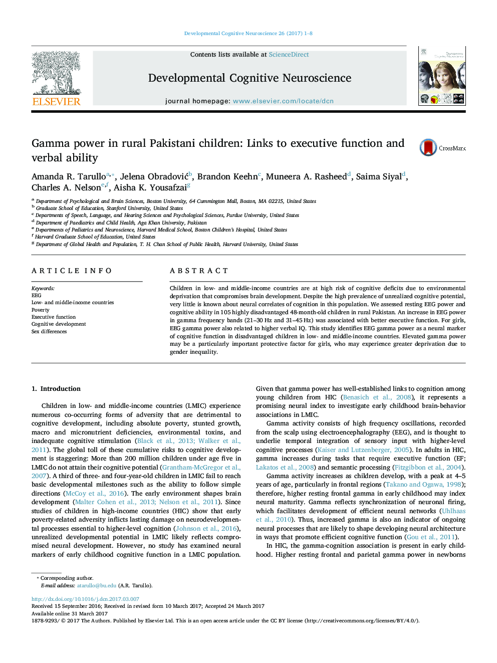 Gamma power in rural Pakistani children: Links to executive function and verbal ability