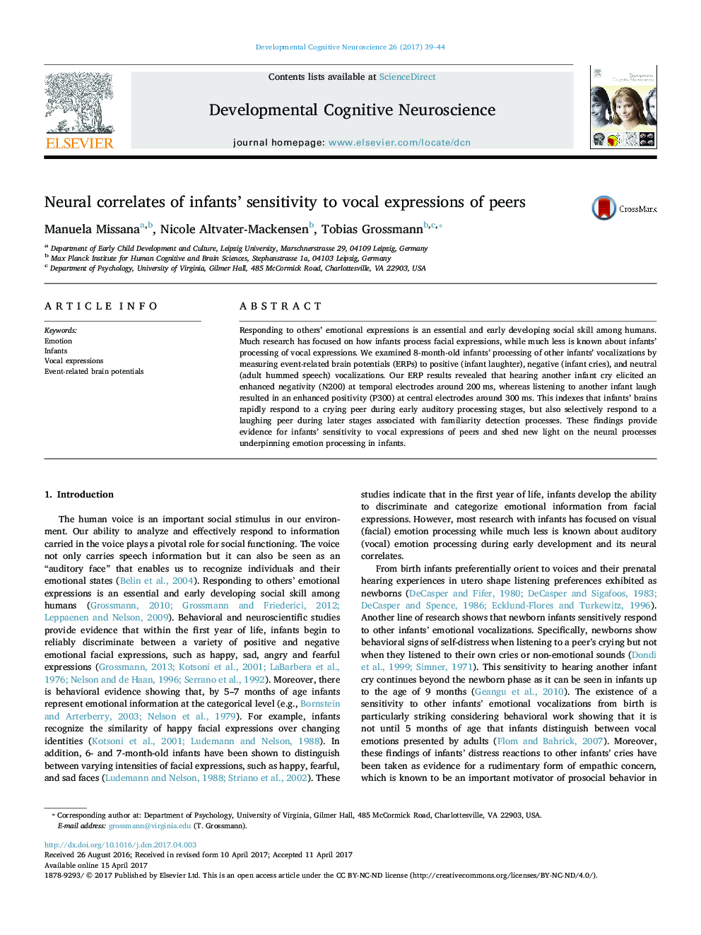 Neural correlates of infants' sensitivity to vocal expressions of peers