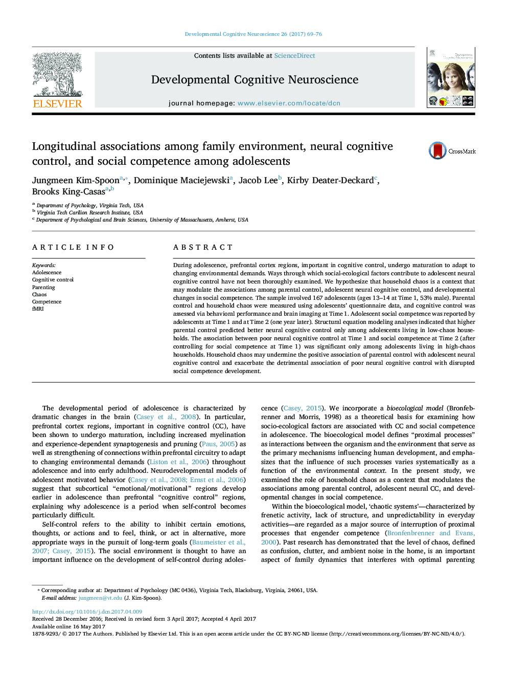 Longitudinal associations among family environment, neural cognitive control, and social competence among adolescents