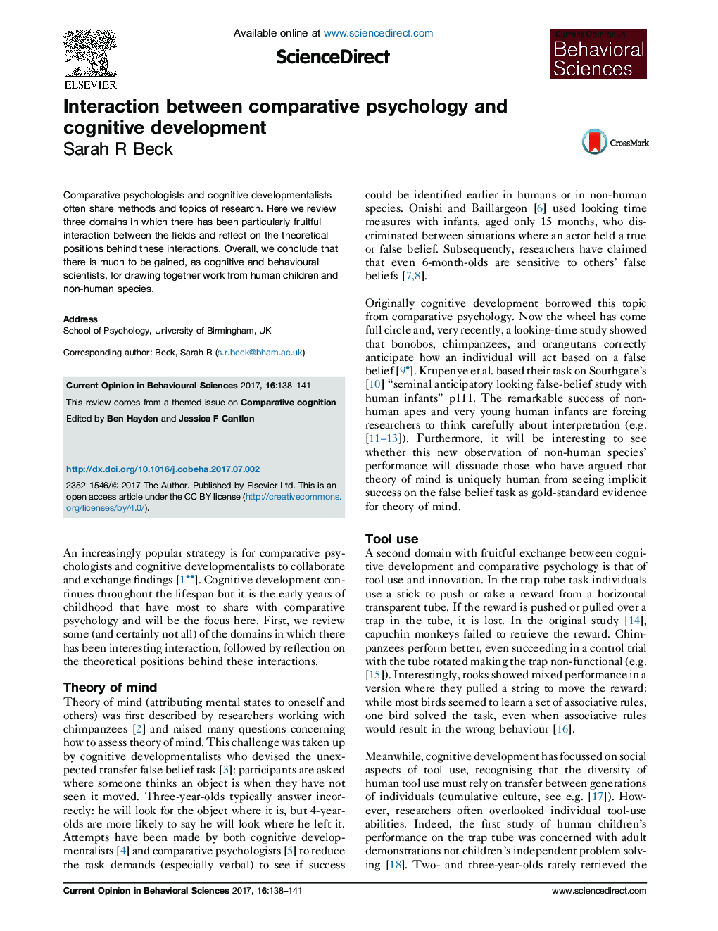 Interaction between comparative psychology and cognitive development