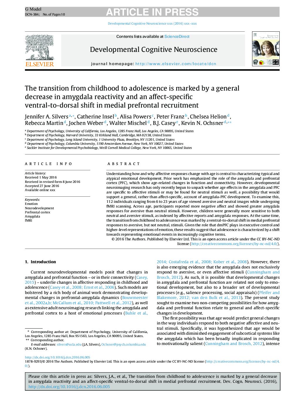 The transition from childhood to adolescence is marked by a general decrease in amygdala reactivity and an affect-specific ventral-to-dorsal shift in medial prefrontal recruitment