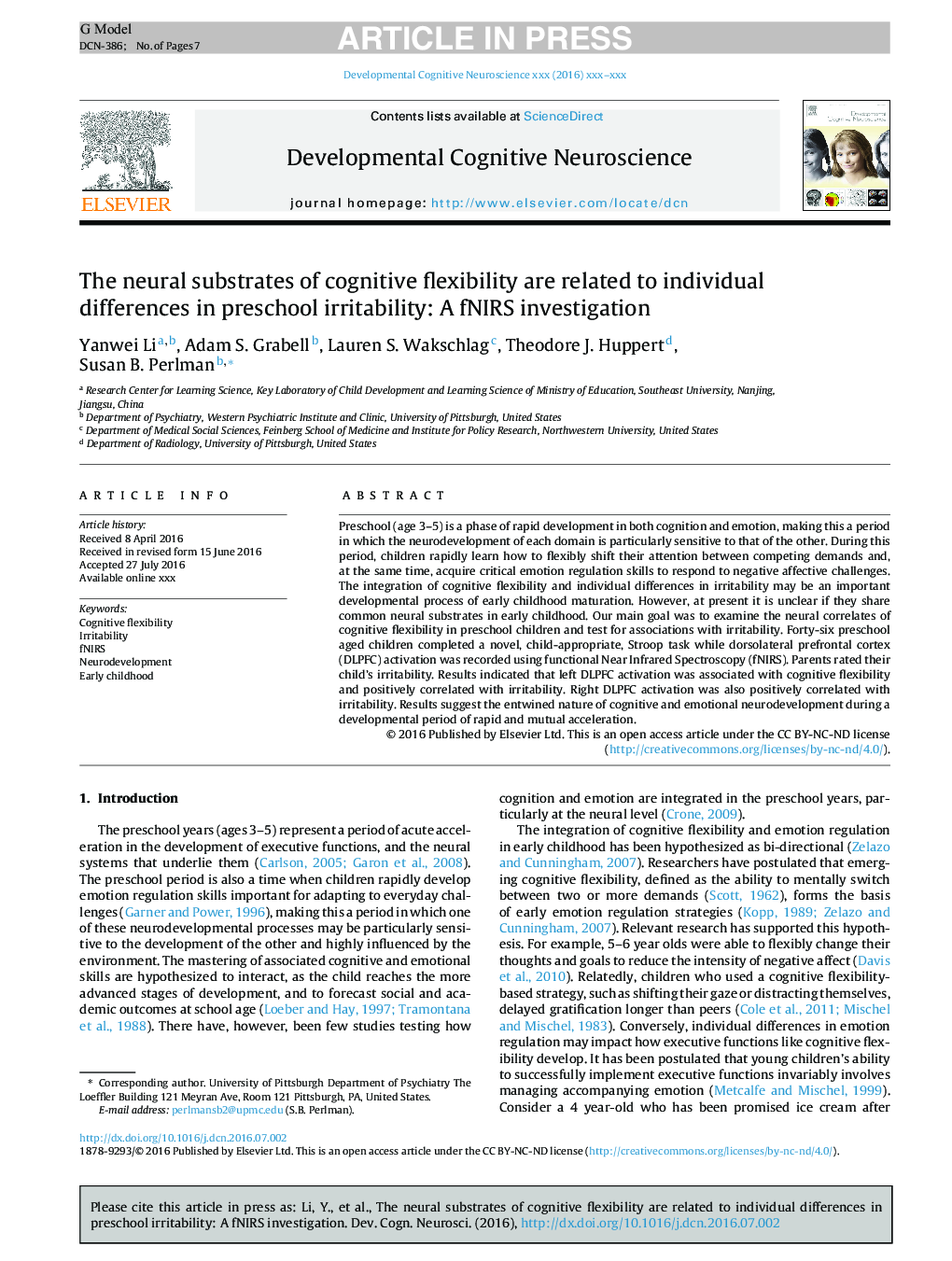 The neural substrates of cognitive flexibility are related to individual differences in preschool irritability: A fNIRS investigation