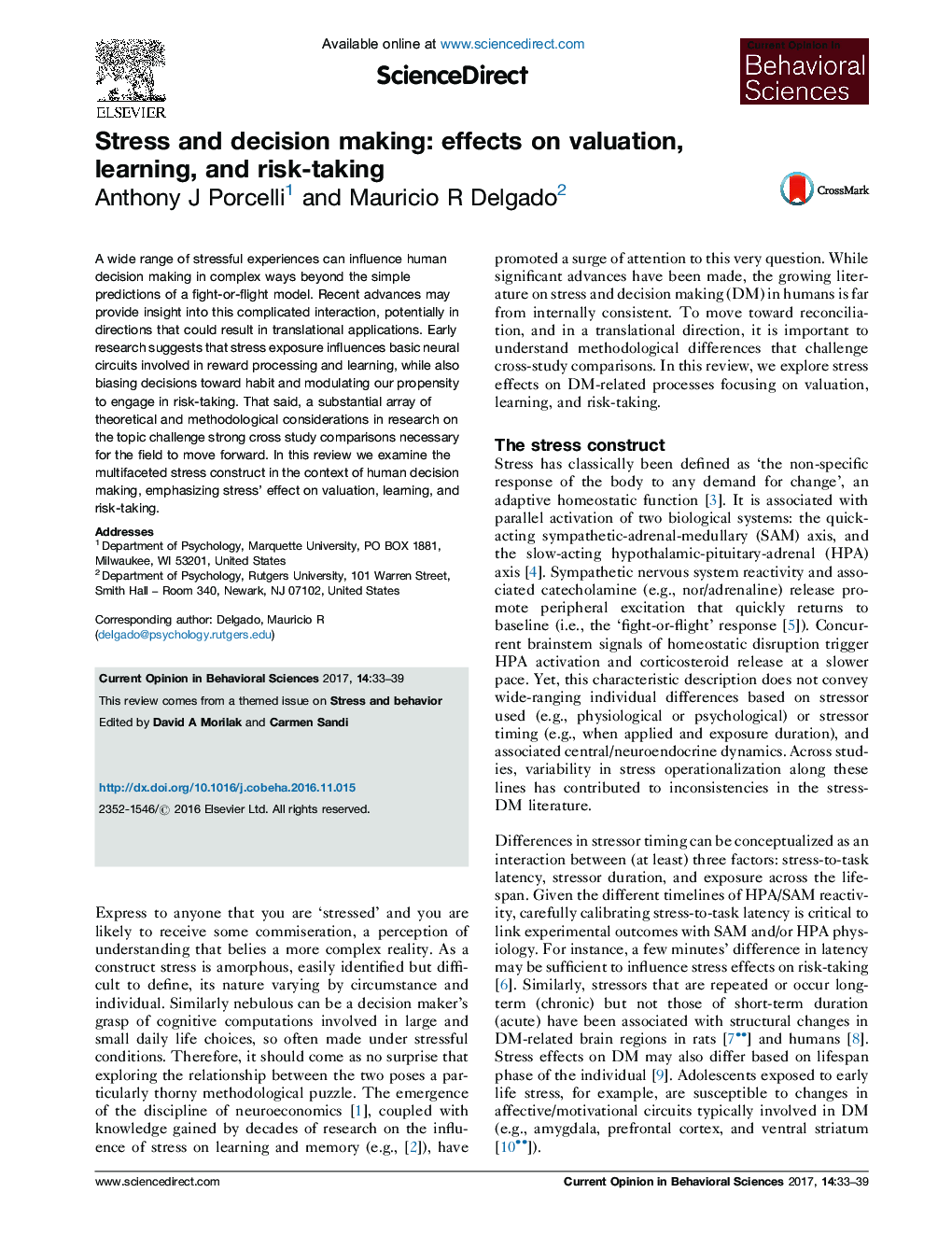 Stress and decision making: effects on valuation, learning, and risk-taking